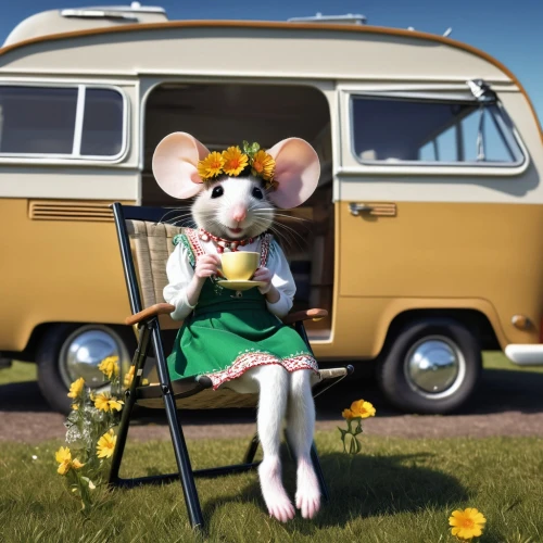 vintage mice,campervan,vwbus,mouse,mice,white footed mice,springtime background,camper van,dormobile,rat na,cute cartoon character,clover blossom,wind-up toy,rockabella,flower car,springtime,clover meadow,spring background,meadow clover,rving