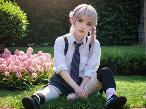 schoolgirl,school uniform,cute tie,knee-high socks,anime girl,piko,anime japanese clothing,jin deui,kawaii girl,flowered tie,cosplay image,on the grass,japanese kawaii,school skirt,striped socks,pink tie,kawaii,grass lily,poi,tie,Illustration,American Style,American Style 11