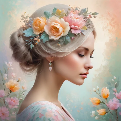 spring crown,blooming wreath,girl in flowers,floral wreath,wreath of flowers,girl in a wreath,fantasy portrait,flower fairy,mystical portrait of a girl,flower painting,floral background,romantic portrait,flower girl,beautiful bonnet,beautiful girl with flowers,flower hat,rose wreath,flower crown,flower wall en,faery,Art,Classical Oil Painting,Classical Oil Painting 18