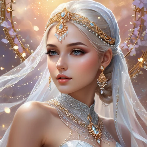 bridal jewelry,fantasy portrait,bridal accessory,bridal,sun bride,fantasy art,diadem,gold filigree,bride,bridal veil,romantic portrait,silver wedding,white rose snow queen,gold jewelry,fairy queen,golden crown,bridal dress,golden wreath,gold crown,princess crown,Illustration,Realistic Fantasy,Realistic Fantasy 01