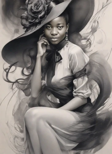 fantasy portrait,graphite,maria bayo,digital painting,nigeria woman,charcoal pencil,african woman,monoline art,fashion illustration,black woman,digital illustration,victorian lady,african american woman,world digital painting,charcoal drawing,witch,pencil drawing,digital artwork,charcoal,artist portrait