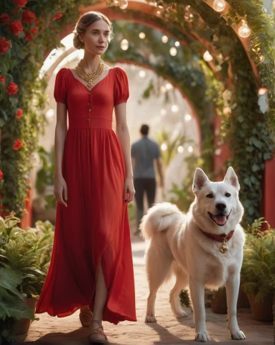 man in red dress,in red dress,girl in red dress,lady in red,red dress,red gown,poppy red,girl with dog,wedding icons,a fairy tale,girl in a long dress,red riding hood,vanity fair,flower girl,cinderella,a princess,canine rose,red cape,garden of eden,commercial,Photography,General,Cinematic