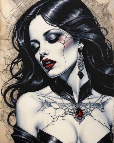 vampire woman,vampire lady,vampira,queen of hearts,tattoo girl,deadly nightshade,tattoo expo,voodoo woman,chalk drawing,bleeding heart,vampire,harley,seven sorrows,tattoo artist,gothic portrait,gothic woman,wall art,body jewelry,the enchantress,calaverita sugar,Illustration,Abstract Fantasy,Abstract Fantasy 05