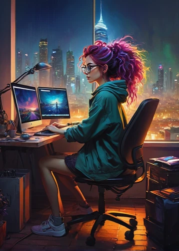 girl at the computer,cyberpunk,world digital painting,women in technology,computer addiction,night administrator,girl studying,computer freak,sci fiction illustration,programmer,computer,computer art,computer business,man with a computer,digital nomads,computer workstation,computer desk,computer game,game illustration,woman playing,Illustration,Realistic Fantasy,Realistic Fantasy 30