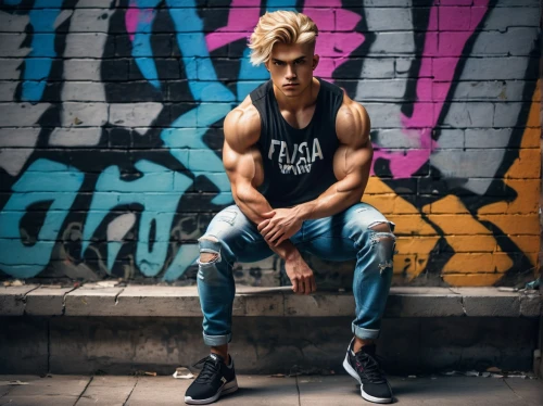 codes,arms,austin stirling,rein,cool blonde,ryan navion,veins,brick wall background,biceps,lukas 2,muscles,austin morris,jeans background,male model,pump,muscular,sleeveless shirt,vest,man on a bench,long blonde hair,Illustration,Japanese style,Japanese Style 12