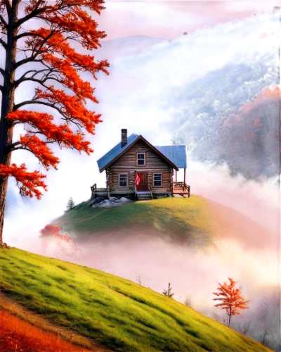 home landscape,lonely house,house in mountains,landscape background,little house,house in the mountains,red barn,cottage,autumn background,small house,world digital painting,autumn landscape,country cottage,landscape red,the cabin in the mountains,house in the forest,house with lake,mountain hut,summer cottage,autumn idyll,Illustration,Realistic Fantasy,Realistic Fantasy 15