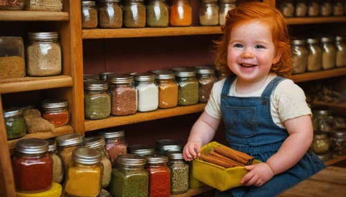 girl in overalls,girl in the kitchen,ginger rodgers,overalls,ginger family,baby food,pippi longstocking,jar,child portrait,farm girl,herbs and spices,maci,spices,chef,redheads,fresh ginger,jars,spice rack,colored spices,baby playing with food,Conceptual Art,Sci-Fi,Sci-Fi 20