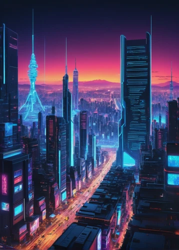 tokyo city,cityscape,cyberpunk,colorful city,shinjuku,futuristic landscape,fantasy city,tokyo,city at night,metropolis,evening city,the city,city skyline,city lights,skyline,dusk background,cities,city,sky city,futuristic,Illustration,Japanese style,Japanese Style 17