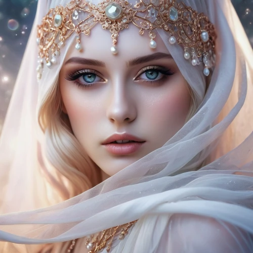 fantasy portrait,faery,mystical portrait of a girl,the snow queen,white rose snow queen,fantasy art,fairy queen,priestess,faerie,the angel with the veronica veil,ice queen,elven,the enchantress,bridal veil,sorceress,romantic portrait,diadem,fantasy picture,bridal jewelry,fantasy woman,Illustration,Realistic Fantasy,Realistic Fantasy 15