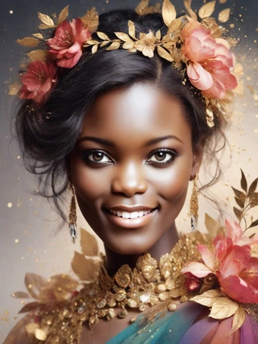 girl in a wreath,african woman,artificial hair integrations,flowers png,nigeria woman,image manipulation,girl in flowers,african american woman,beautiful girl with flowers,beautiful african american women,natural cosmetics,golden weddings,flower fairy,retouching,portrait background,flower girl,african,social,afroamerican,african daisies,Photography,Cinematic