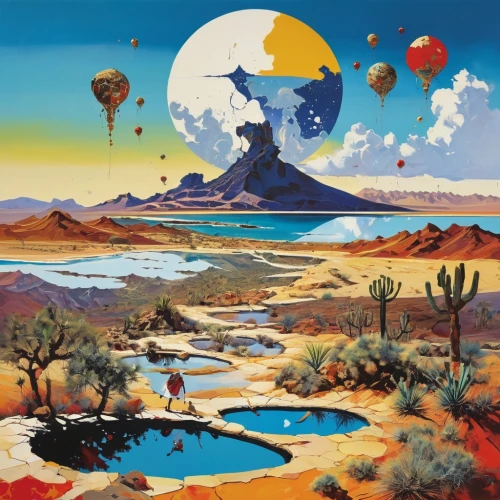 moon valley,desert planet,desert desert landscape,desert landscape,valley of the moon,desert,arid land,planet mars,hot-air-balloon-valley-sky,planet eart,el salvador dali,acid lake,aeolian landform,alien planet,arid landscape,dali,namib,lunar landscape,the desert,oasis,Conceptual Art,Oil color,Oil Color 07