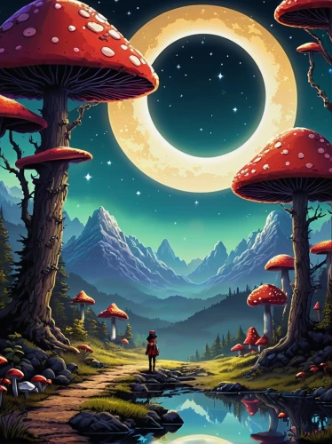 mushroom landscape,mushroom island,mushrooms,fantasy landscape,toadstools,fantasy picture,toadstool,cartoon video game background,forest mushrooms,amanita,forest mushroom,world digital painting,fairy world,fantasy art,dream world,tree mushroom,fairy forest,brown mushrooms,mushroom,alien world,Illustration,Realistic Fantasy,Realistic Fantasy 10