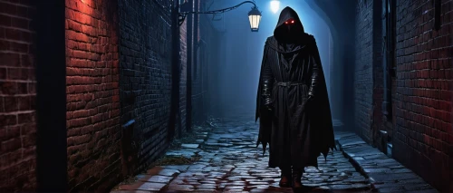 hooded man,grimm reaper,grim reaper,lamplighter,slender,alleyway,sleepwalker,blind alley,dark art,it,narrow street,background image,play escape game live and win,creepy doorway,alley,sci fiction illustration,black coat,anonymous,old linden alley,wall,Conceptual Art,Sci-Fi,Sci-Fi 08