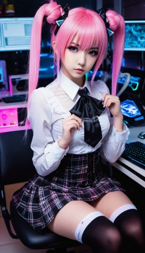 girl at the computer,desk,computer desk,secretary desk,kotobukiya,sitting on a chair,cpu,office chair,secretary,blur office background,ganmodoki,computer,office desk,school desk,computer freak,pink chair,piano,pianist,3d figure,cyber,Illustration,Realistic Fantasy,Realistic Fantasy 46