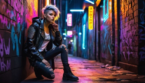 cyberpunk,alleyway,alley,punk,grunge,alley cat,leather jacket,urban,renegade,neon lights,neon arrows,femme fatale,neon light,terminator,neon,colorful background,photo session at night,harley,katana,girl with gun,Illustration,Vector,Vector 05