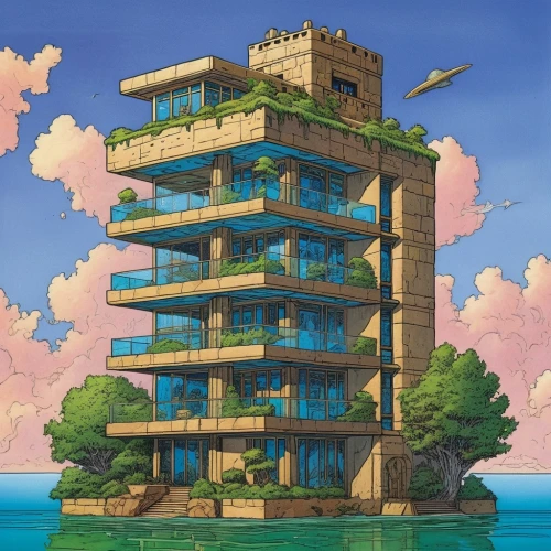 artificial island,sky apartment,bird tower,studio ghibli,gunkanjima,floating island,flying island,hashima,apartment block,apartment building,animal tower,skyscraper,residential tower,skyscraper town,an apartment,tropical house,house of the sea,artificial islands,floating islands,honolulu,Illustration,American Style,American Style 03