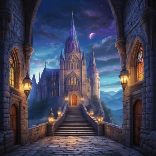 gothic architecture,haunted cathedral,fairy tale castle,castle of the corvin,hogwarts,fantasy picture,gothic church,fantasy landscape,hall of the fallen,ghost castle,cartoon video game background,dusk background,cathedral,haunted castle,fairytale castle,gothic,3d fantasy,gothic style,knight's castle,world digital painting,Illustration,Realistic Fantasy,Realistic Fantasy 20