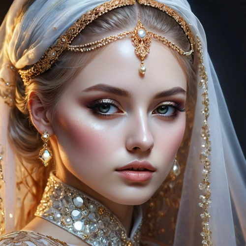 bridal accessory,bridal jewelry,bridal,gold filigree,fantasy portrait,mystical portrait of a girl,fantasy art,priestess,gold jewelry,indian bride,diadem,golden crown,bridal clothing,bride,romantic portrait,gold crown,golden eyes,bridal dress,gold foil crown,golden mask,Illustration,Realistic Fantasy,Realistic Fantasy 24