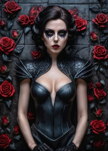 black rose,black rose hip,gothic woman,gothic fashion,black widow,dark angel,gothic portrait,goth woman,vampire woman,queen of hearts,widow flower,dark gothic mood,porcelain rose,corset,rosa,vampire lady,with roses,vampira,femme fatale,queen of the night,Conceptual Art,Fantasy,Fantasy 34