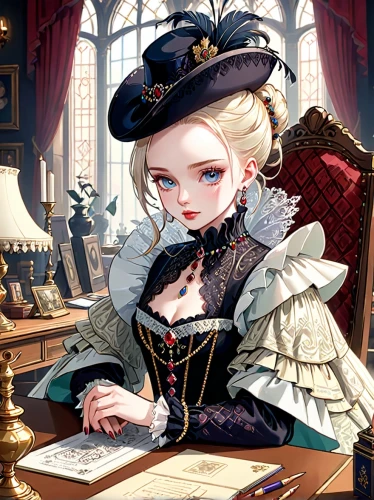 victorian lady,victorian style,victorian,game illustration,librarian,old elisabeth,french digital background,venetia,girl studying,illustrator,baroque,pianist,tutor,diplomat,aristocrat,watchmaker,fantasy portrait,prussian,rococo,portrait background,Anime,Anime,General