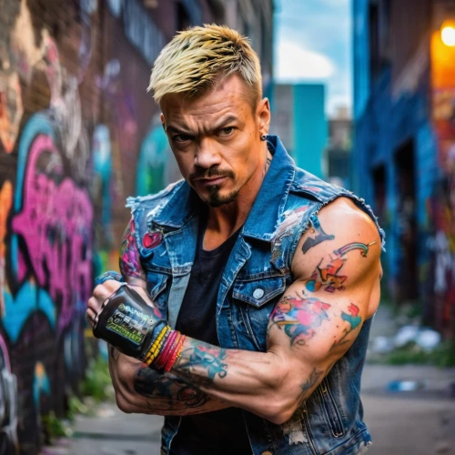 punk,rockabilly style,punk design,mohawk hairstyle,pompadour,drago milenario,rockabilly,mohawk,duff,renegade,stonewall,damme,tattoos,spice up,edge muscle,mad max,rocker,with tattoo,tattoo artist,artus,Conceptual Art,Fantasy,Fantasy 26