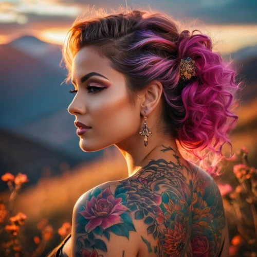 tattoo girl,romantic portrait,sky rose,bella rosa,colorful background,fantasy portrait,pink dawn,sunset glow,tattoos,portrait photography,with tattoo,portrait background,flower in sunset,tattoo artist,romantic look,rockabilly style,updo,portrait photographers,tattooed,alpine sunset,Photography,General,Fantasy