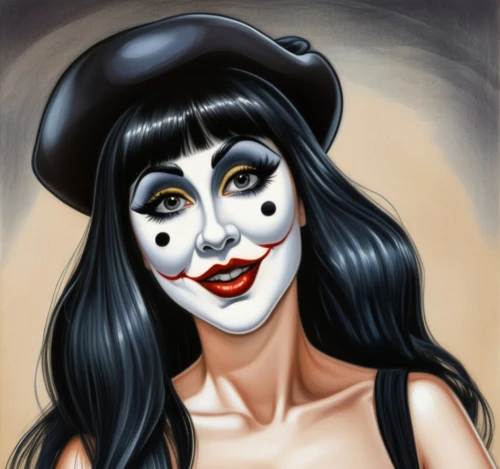 mime artist,mime,la catrina,caricaturist,catrina calavera,rockabella,catrina,la calavera catrina,pierrot,harlequin,rodeo clown,face paint,painter doll,digital painting,horror clown,fantasy portrait,vampire woman,caricature,calaverita sugar,bodypainting,Illustration,Abstract Fantasy,Abstract Fantasy 23