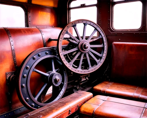 railway carriage,old train,bus from 1903,abandoned rusted locomotive,compartment,driver's cab,ship's wheel,passenger car,iron wheels,train engine,disused trains,museum train,wooden carriage,engine room,rail car,wheelhouse,carriage,old wheel,locomotive,brake mechanism,Art,Artistic Painting,Artistic Painting 44