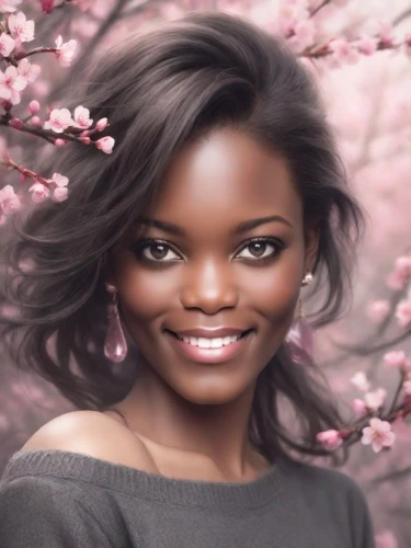 cherry blossom,artificial hair integrations,cherry blossoms,portrait background,flowers png,blossoming,the cherry blossoms,japanese sakura background,blossoms,japanese floral background,spring blossom,african american woman,blossomed,cheery-blossom,pink magnolia,magnolia,linden blossom,kirch blossoms,jasmine bush,cold cherry blossoms,Photography,Cinematic