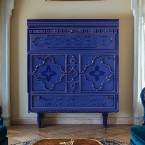 moroccan pattern,sideboard,majorelle blue,antique sideboard,antique furniture,armoire,patterned wood decoration,ottoman,china cabinet,chest of drawers,tv cabinet,end table,danish furniture,cabinetry,antique table,dressing table,mazarine blue,cabinet,art nouveau design,corinthian order