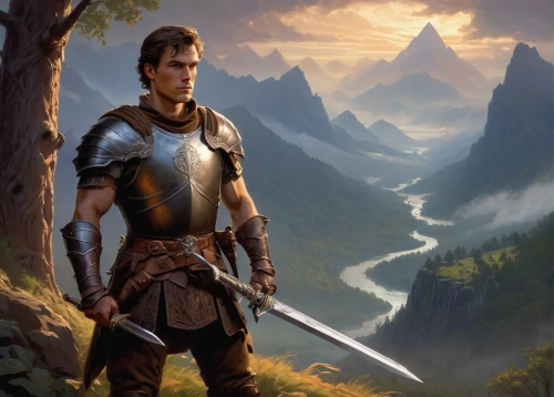 heroic fantasy,fjord,fantasy picture,the wanderer,male elf,fantasy portrait,fantasy art,world digital painting,guards of the canyon,adventurer,paladin,mountain guide,lone warrior,fantasy landscape,wanderer,elven,fantasy warrior,wall,dunun,king arthur,Art,Classical Oil Painting,Classical Oil Painting 15