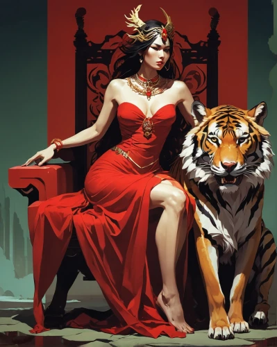 lady in red,she feeds the lion,queen of hearts,royal tiger,man in red dress,scarlet witch,fantasy woman,red riding hood,red chief,transistor,fantasy art,fantasy picture,lioness,art deco woman,lionesses,red gown,queen cage,oriental princess,liger,wild emperor,Conceptual Art,Fantasy,Fantasy 06