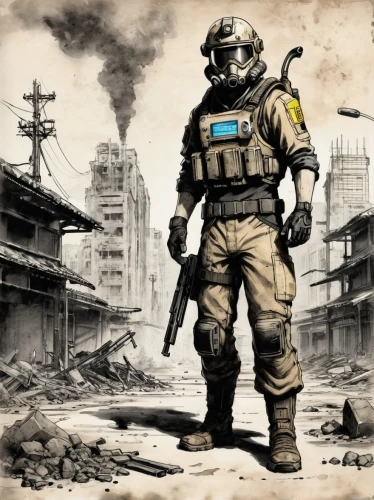 lost in war,fallout4,eod,ballistic vest,post apocalyptic,fallout,war zone,war correspondent,combat medic,war,district 9,apocalyptic,wartime,wasteland,wars,fuze,shooter game,respirator,cleanup,game illustration,Illustration,Paper based,Paper Based 30