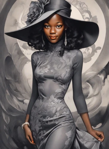black woman,fantasy portrait,sorceress,rosa ' amber cover,fantasy art,african american woman,the hat of the woman,priestess,nigeria woman,zodiac sign libra,mystical portrait of a girl,sci fiction illustration,oil on canvas,queen of the night,goddess of justice,the enchantress,black landscape,african woman,black women,fantasy woman