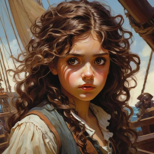 sailer,girl on the boat,scarlet sail,little girl in wind,pirate,galleon,sea sailing ship,mayflower,portrait of a girl,full-rigged ship,tallship,girl portrait,fantasy portrait,sloop,sail ship,child portrait,mystical portrait of a girl,merida,sails,sailing ship,Conceptual Art,Fantasy,Fantasy 18