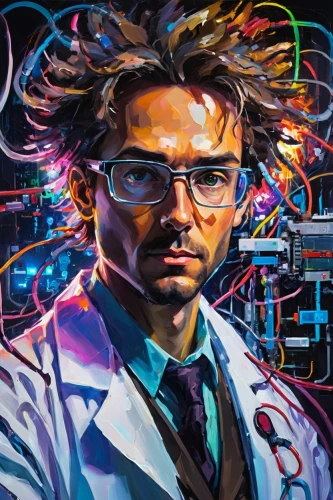 scientist,biologist,theoretician physician,microbiologist,professor,painting technique,dr,physicist,cartoon doctor,doctor,man with a computer,chemist,brainy,electron,cyberpunk,elektroniki,futura,researcher,the doctor,medical icon,Conceptual Art,Oil color,Oil Color 20