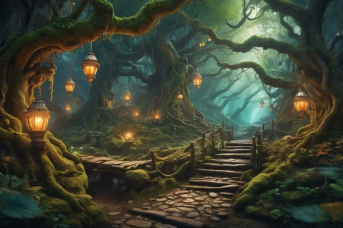 enchanted forest,elven forest,forest path,fairy forest,druid grove,the mystical path,fairytale forest,haunted forest,fantasy landscape,fairy village,hollow way,wooden path,fantasy picture,forest glade,pathway,forest of dreams,witch's house,devilwood,the forest,forest road,Illustration,Realistic Fantasy,Realistic Fantasy 39