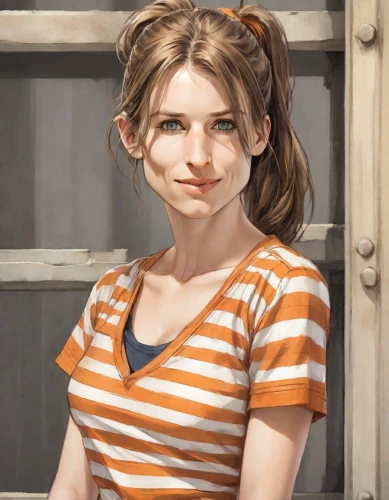 girl portrait,portrait of a girl,clementine,girl with bread-and-butter,portrait background,girl in t-shirt,striped background,cinnamon girl,horizontal stripes,young woman,artist portrait,a girl's smile,brown sailor,girl sitting,the girl at the station,painter,girl with cloth,orange,girl in the kitchen,girl on the stairs,Digital Art,Comic