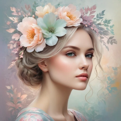 spring crown,floral wreath,blooming wreath,girl in a wreath,beautiful bonnet,fantasy portrait,faery,romantic portrait,girl in flowers,flower fairy,flower hat,flower crown,wreath of flowers,floral background,mystical portrait of a girl,portrait background,rose wreath,vintage flowers,beautiful girl with flowers,vintage floral,Art,Classical Oil Painting,Classical Oil Painting 18