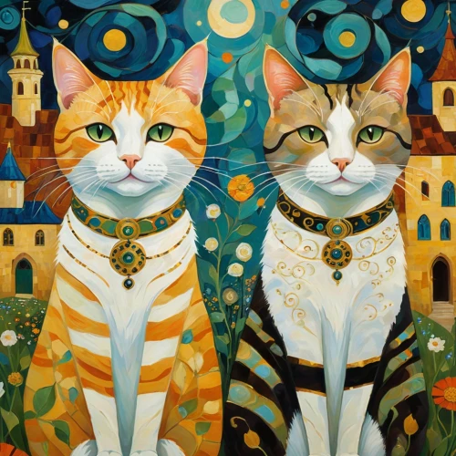 two cats,vintage cats,cat lovers,felines,oktoberfest cats,cats,cat family,cat european,whimsical animals,cat image,cattles,american shorthair,oil painting on canvas,carol colman,boho art,cat portrait,carol m highsmith,calico cat,young couple,whimsical,Conceptual Art,Fantasy,Fantasy 18