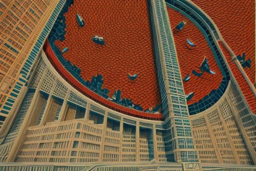 panopticon,stalinist skyscraper,metropolis,escher,toronto city hall,stalin skyscraper,eu parliament,brutalist architecture,helipad,radio city music hall,year of construction 1972-1980,futuristic architecture,kamppi,vertigo,art deco,rockefeller plaza,atomic age,abstract retro,skyscraper,mid century modern,Calligraphy,Illustration,Minimalist Architectural Illustration