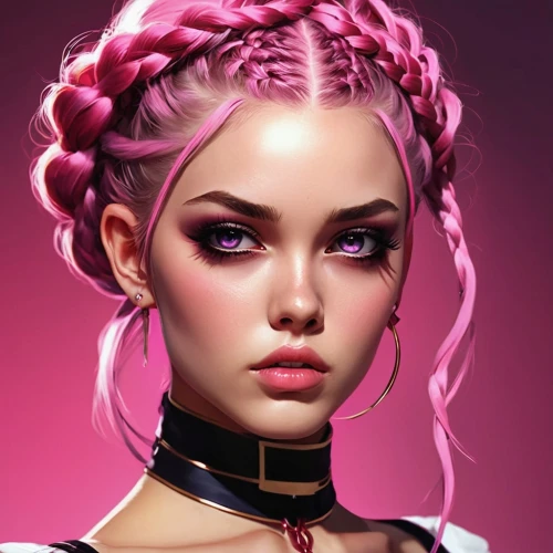 pink beauty,pink lady,fringed pink,fantasy portrait,pink vector,braids,rose pink colors,color pink,digital painting,pink double,pink hair,pink,braided,pink dawn,barbie,pink ribbon,world digital painting,digital art,medusa,dark pink in colour,Conceptual Art,Fantasy,Fantasy 06