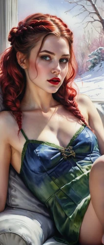 poison ivy,world digital painting,red-haired,fantasy art,woman sitting,mary jane,girl on the river,digital painting,fantasy portrait,watercolor pin up,glass painting,pin-up girl,fantasy woman,fantasy picture,girl sitting,photo painting,pin up girl,ariel,clary,woman at cafe,Photography,General,Natural