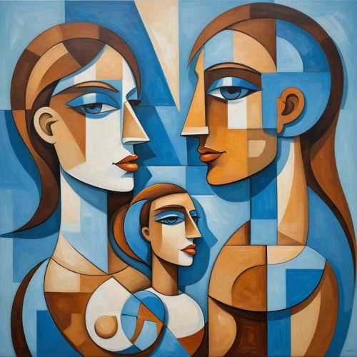 the three graces,art deco woman,cubism,the mother and children,mother with children,decorative figure,young women,pregnant woman icon,holy family,picasso,mother and children,art deco,woman face,man and woman,woman's face,figure group,david bates,harmonious family,dualism,oil painting on canvas,Art,Artistic Painting,Artistic Painting 45