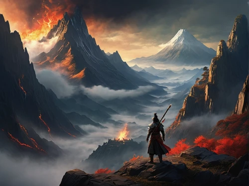 fire in the mountains,fire mountain,fire background,fantasy landscape,fantasy picture,volcanic landscape,burning earth,volcanic,volcanic field,the spirit of the mountains,fantasy art,world digital painting,heroic fantasy,volcano,pillar of fire,guards of the canyon,scorched earth,dragon fire,mountain world,valley of death,Illustration,Japanese style,Japanese Style 21