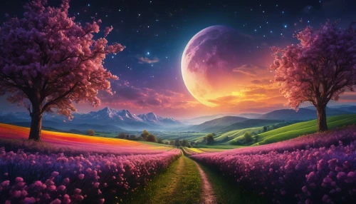 purple landscape,fantasy landscape,fantasy picture,the mystical path,landscape background,alien planet,cosmos field,alien world,fantasy art,dream world,space art,astronomy,lunar landscape,purple moon,nature landscape,beautiful landscape,fairy galaxy,dreamland,pathway,mushroom landscape,Photography,General,Fantasy