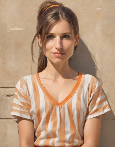 portrait of a girl,girl in t-shirt,adorable,young woman,girl portrait,striped background,cute,orange,cotton top,pretty young woman,polka,a girl's smile,stripes,relaxed young girl,girl sitting,girl in a historic way,orange color,horizontal stripes,girl studying,smirk,Digital Art,Classicism