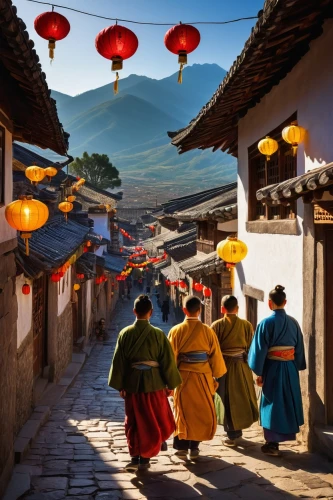 buddhists monks,tibet,yunnan,korean folk village,south korea,hanok,gyeongbok palace,lhasa,korean culture,bhutan,bukchon,lanterns,oriental painting,hanging temple,prayer wheels,chinese architecture,huashan,tibetan,korean history,yeongsanhong,Conceptual Art,Oil color,Oil Color 19