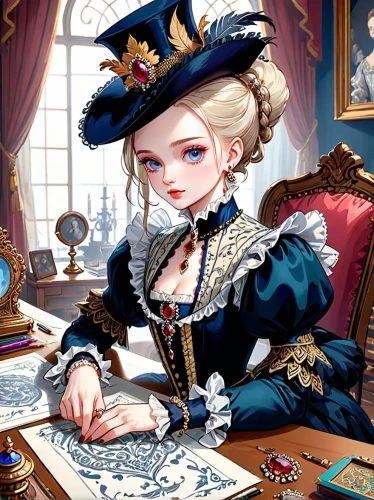 victorian lady,victorian style,game illustration,aristocrat,baroque,victorian,table artist,watchmaker,meticulous painting,illustrator,rococo,old elisabeth,venetia,alice,angelica,girl studying,poker primrose,clockmaker,vexiernelke,prussian,Anime,Anime,General