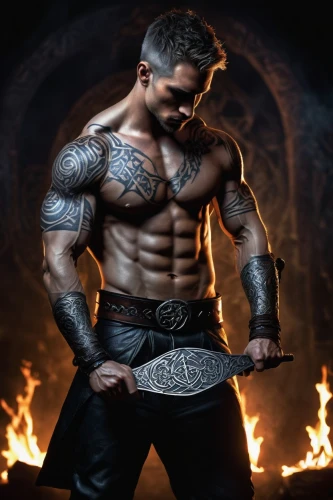 blacksmith,barbarian,male character,fantasy warrior,drago milenario,fire background,lucus burns,black warrior,bodybuilding supplement,maori,hercules,dane axe,the warrior,god of thunder,daemon,warrior,gladiator,samurai fighter,warlord,swordsman,Illustration,Realistic Fantasy,Realistic Fantasy 33